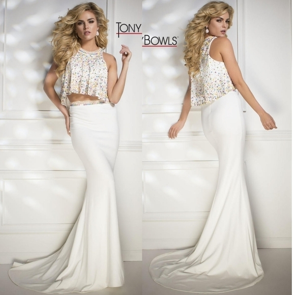 TONY Bowls Ivory Multi-color Beaded Jewel Neckline Draped Two-Piece Dress 4 - Picture 1 of 16